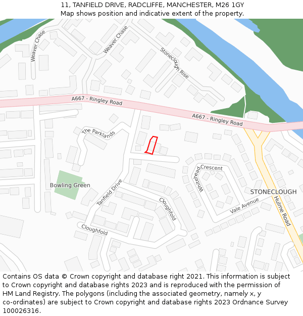 11, TANFIELD DRIVE, RADCLIFFE, MANCHESTER, M26 1GY: Location map and indicative extent of plot