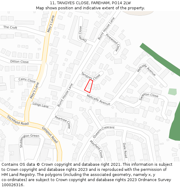 11, TANGYES CLOSE, FAREHAM, PO14 2LW: Location map and indicative extent of plot