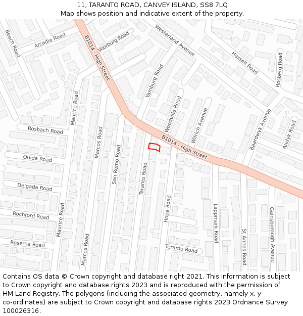 11, TARANTO ROAD, CANVEY ISLAND, SS8 7LQ: Location map and indicative extent of plot