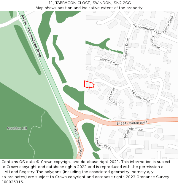 11, TARRAGON CLOSE, SWINDON, SN2 2SG: Location map and indicative extent of plot