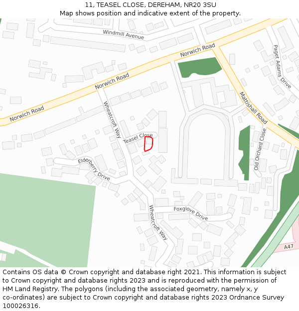 11, TEASEL CLOSE, DEREHAM, NR20 3SU: Location map and indicative extent of plot