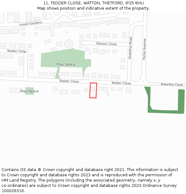 11, TEDDER CLOSE, WATTON, THETFORD, IP25 6HU: Location map and indicative extent of plot