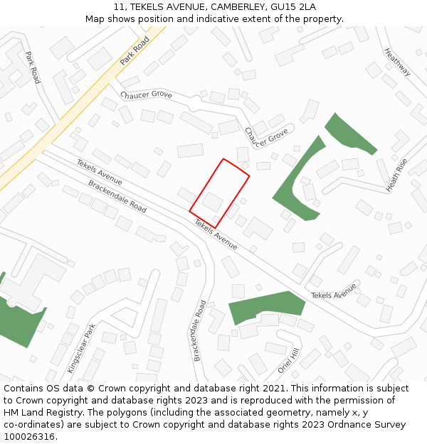 11, TEKELS AVENUE, CAMBERLEY, GU15 2LA: Location map and indicative extent of plot