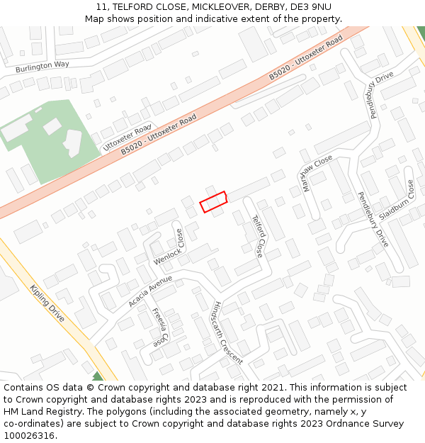 11, TELFORD CLOSE, MICKLEOVER, DERBY, DE3 9NU: Location map and indicative extent of plot