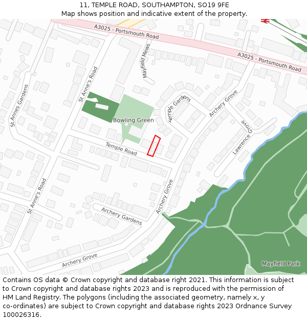 11, TEMPLE ROAD, SOUTHAMPTON, SO19 9FE: Location map and indicative extent of plot