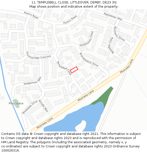 11, TEMPLEBELL CLOSE, LITTLEOVER, DERBY, DE23 3YJ: Location map and indicative extent of plot