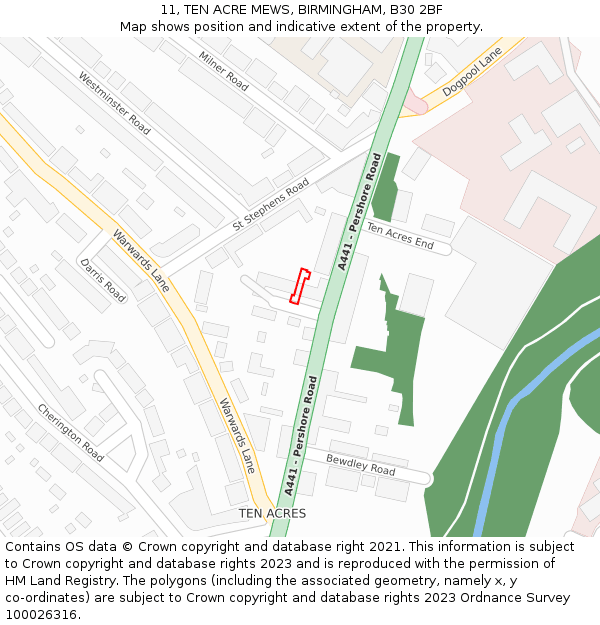 11, TEN ACRE MEWS, BIRMINGHAM, B30 2BF: Location map and indicative extent of plot