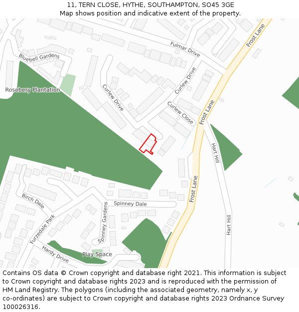 11, TERN CLOSE, HYTHE, SOUTHAMPTON, SO45 3GE: Location map and indicative extent of plot