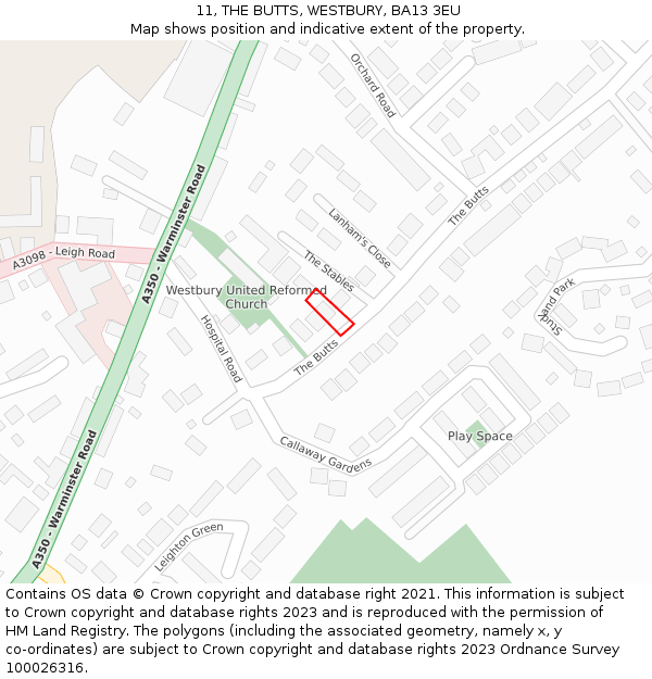 11, THE BUTTS, WESTBURY, BA13 3EU: Location map and indicative extent of plot