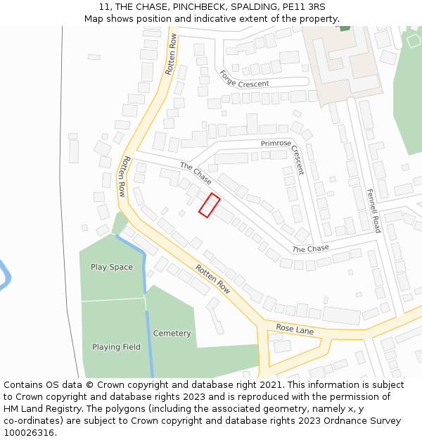 11, THE CHASE, PINCHBECK, SPALDING, PE11 3RS: Location map and indicative extent of plot