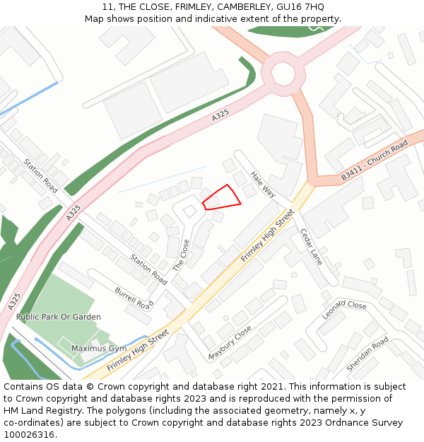 11, THE CLOSE, FRIMLEY, CAMBERLEY, GU16 7HQ: Location map and indicative extent of plot