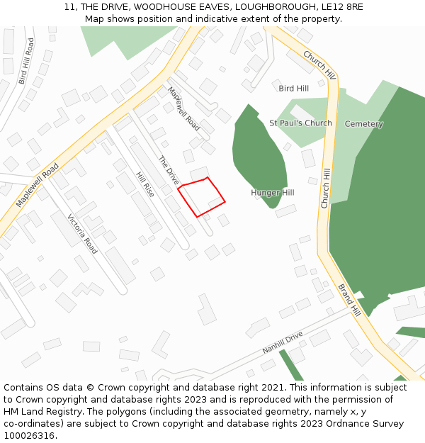 11, THE DRIVE, WOODHOUSE EAVES, LOUGHBOROUGH, LE12 8RE: Location map and indicative extent of plot