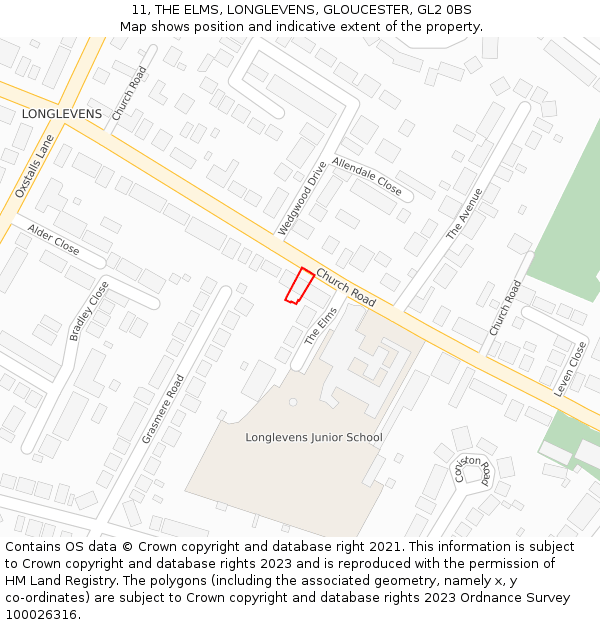 11, THE ELMS, LONGLEVENS, GLOUCESTER, GL2 0BS: Location map and indicative extent of plot