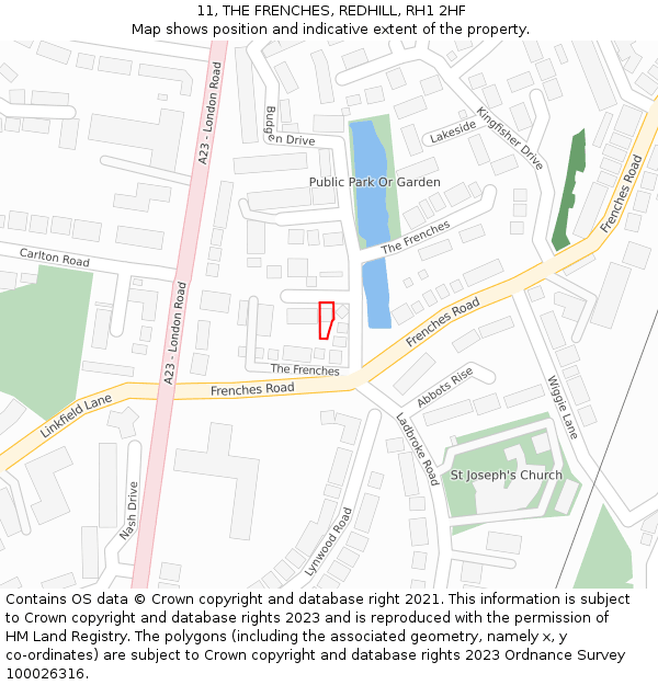 11, THE FRENCHES, REDHILL, RH1 2HF: Location map and indicative extent of plot