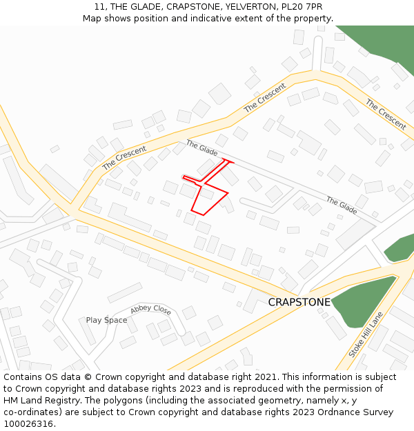 11, THE GLADE, CRAPSTONE, YELVERTON, PL20 7PR: Location map and indicative extent of plot
