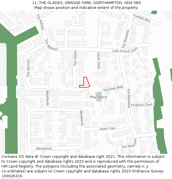 11, THE GLADES, GRANGE PARK, NORTHAMPTON, NN4 5BS: Location map and indicative extent of plot