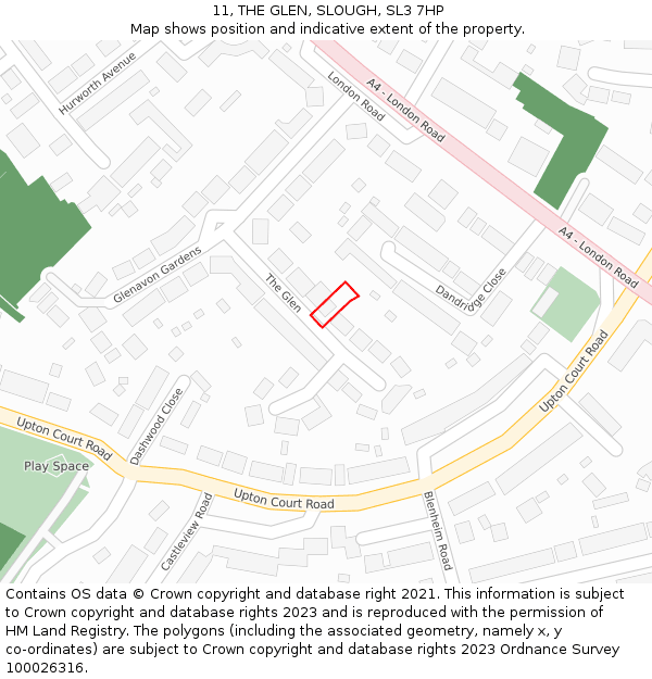 11, THE GLEN, SLOUGH, SL3 7HP: Location map and indicative extent of plot