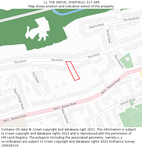 11, THE GROVE, SHEFFIELD, S17 4AR: Location map and indicative extent of plot