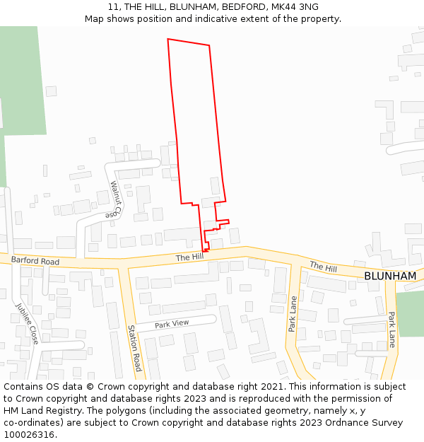 11, THE HILL, BLUNHAM, BEDFORD, MK44 3NG: Location map and indicative extent of plot