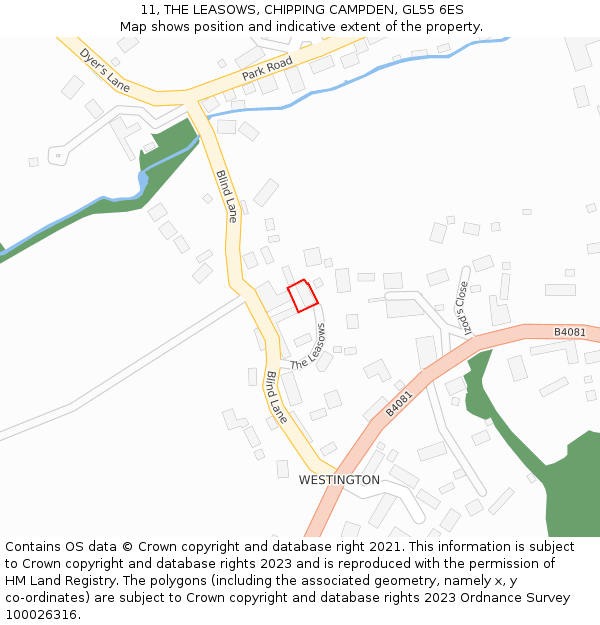 11, THE LEASOWS, CHIPPING CAMPDEN, GL55 6ES: Location map and indicative extent of plot