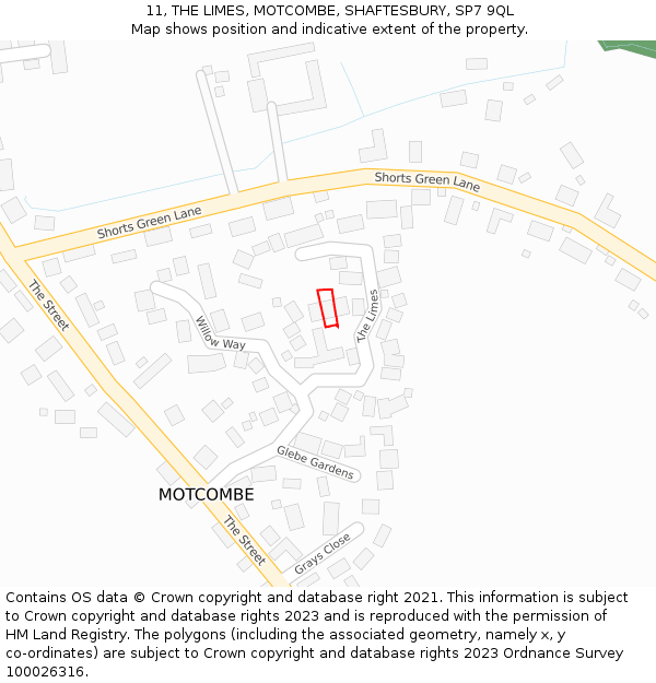 11, THE LIMES, MOTCOMBE, SHAFTESBURY, SP7 9QL: Location map and indicative extent of plot