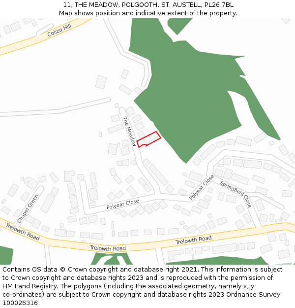 11, THE MEADOW, POLGOOTH, ST. AUSTELL, PL26 7BL: Location map and indicative extent of plot