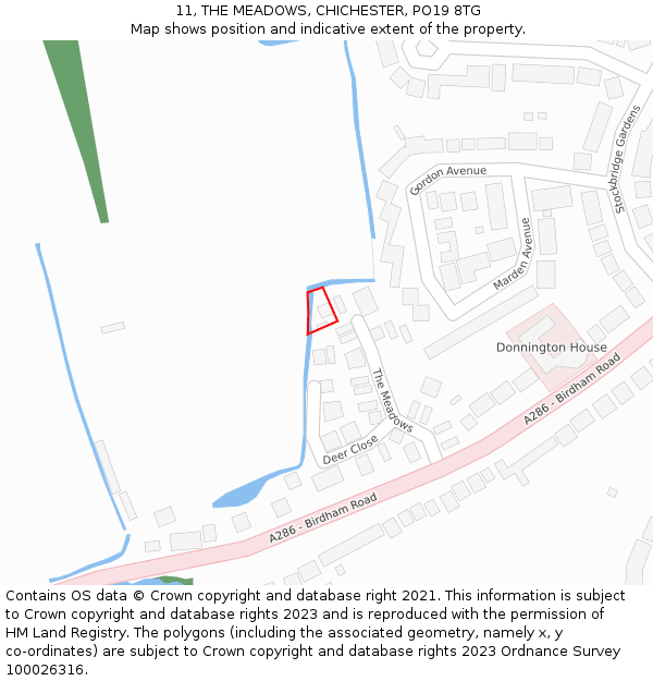 11, THE MEADOWS, CHICHESTER, PO19 8TG: Location map and indicative extent of plot