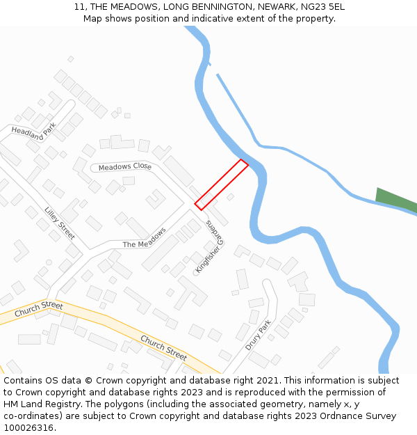 11, THE MEADOWS, LONG BENNINGTON, NEWARK, NG23 5EL: Location map and indicative extent of plot