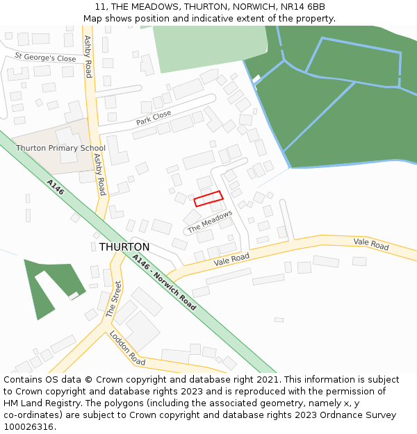 11, THE MEADOWS, THURTON, NORWICH, NR14 6BB: Location map and indicative extent of plot