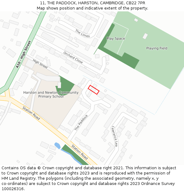 11, THE PADDOCK, HARSTON, CAMBRIDGE, CB22 7PR: Location map and indicative extent of plot