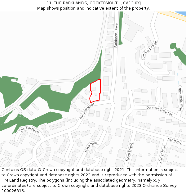 11, THE PARKLANDS, COCKERMOUTH, CA13 0XJ: Location map and indicative extent of plot