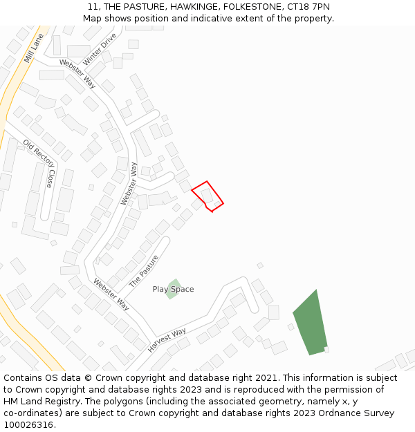 11, THE PASTURE, HAWKINGE, FOLKESTONE, CT18 7PN: Location map and indicative extent of plot