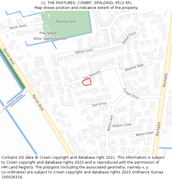 11, THE PASTURES, COWBIT, SPALDING, PE12 6FL: Location map and indicative extent of plot