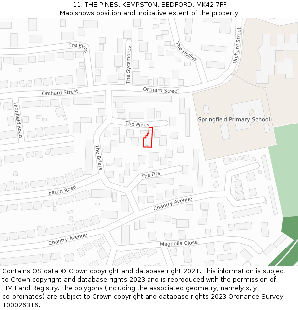 11, THE PINES, KEMPSTON, BEDFORD, MK42 7RF: Location map and indicative extent of plot