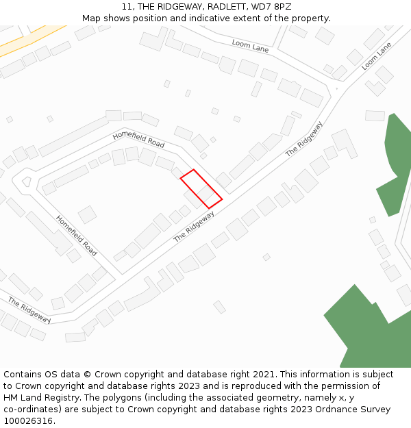 11, THE RIDGEWAY, RADLETT, WD7 8PZ: Location map and indicative extent of plot