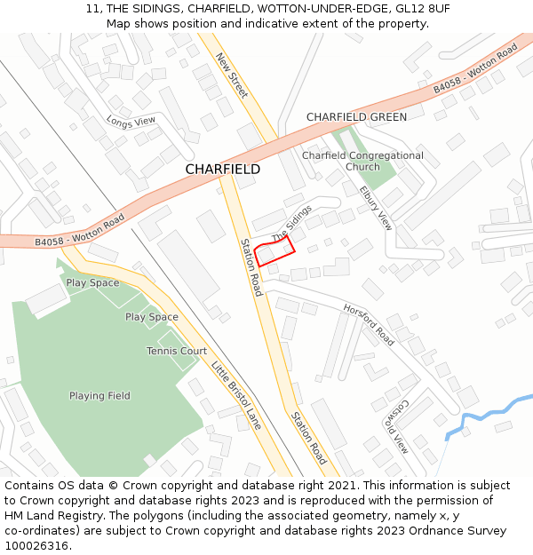 11, THE SIDINGS, CHARFIELD, WOTTON-UNDER-EDGE, GL12 8UF: Location map and indicative extent of plot