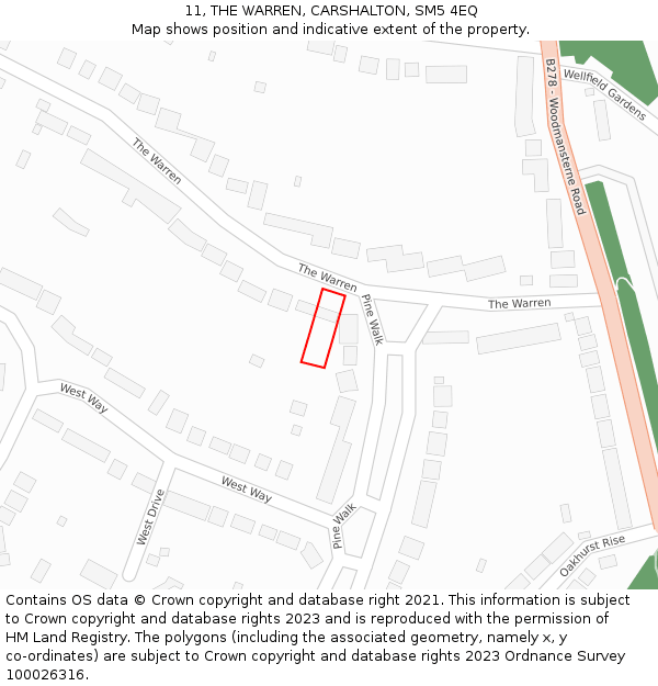11, THE WARREN, CARSHALTON, SM5 4EQ: Location map and indicative extent of plot