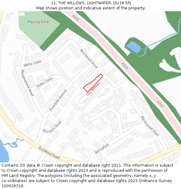 11, THE WILLOWS, LIGHTWATER, GU18 5PJ: Location map and indicative extent of plot