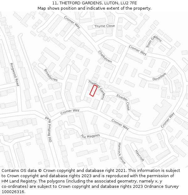 11, THETFORD GARDENS, LUTON, LU2 7FE: Location map and indicative extent of plot