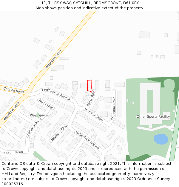 11, THIRSK WAY, CATSHILL, BROMSGROVE, B61 0RY: Location map and indicative extent of plot