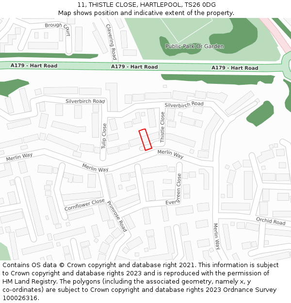 11, THISTLE CLOSE, HARTLEPOOL, TS26 0DG: Location map and indicative extent of plot