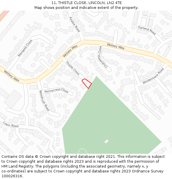 11, THISTLE CLOSE, LINCOLN, LN2 4TE: Location map and indicative extent of plot