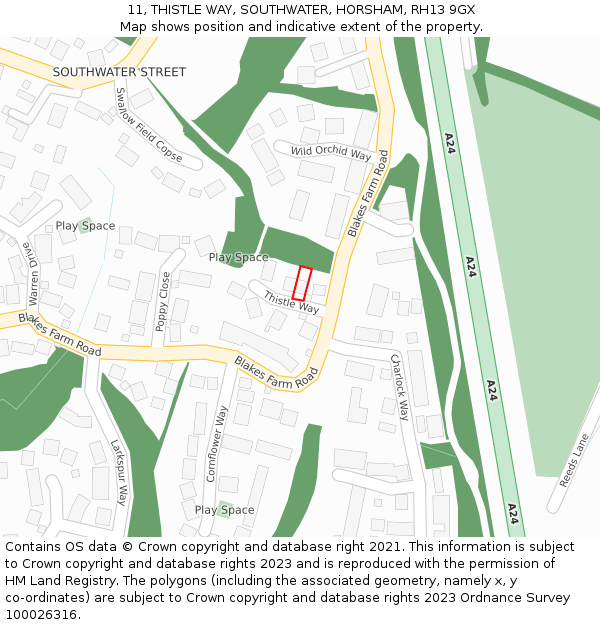 11, THISTLE WAY, SOUTHWATER, HORSHAM, RH13 9GX: Location map and indicative extent of plot