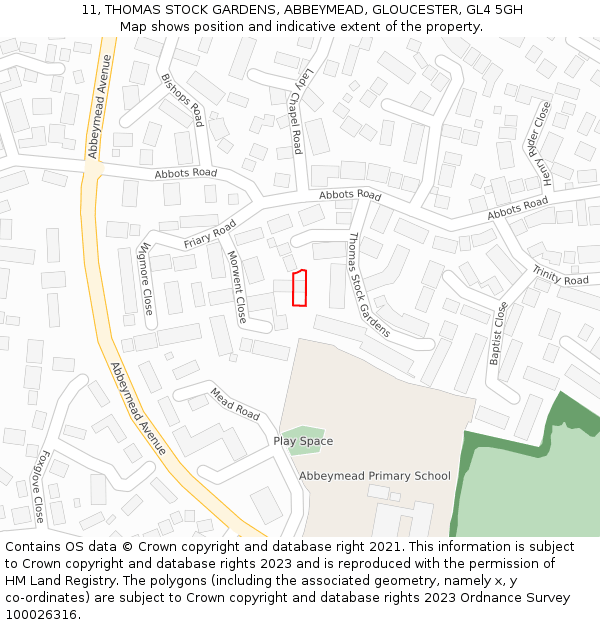 11, THOMAS STOCK GARDENS, ABBEYMEAD, GLOUCESTER, GL4 5GH: Location map and indicative extent of plot