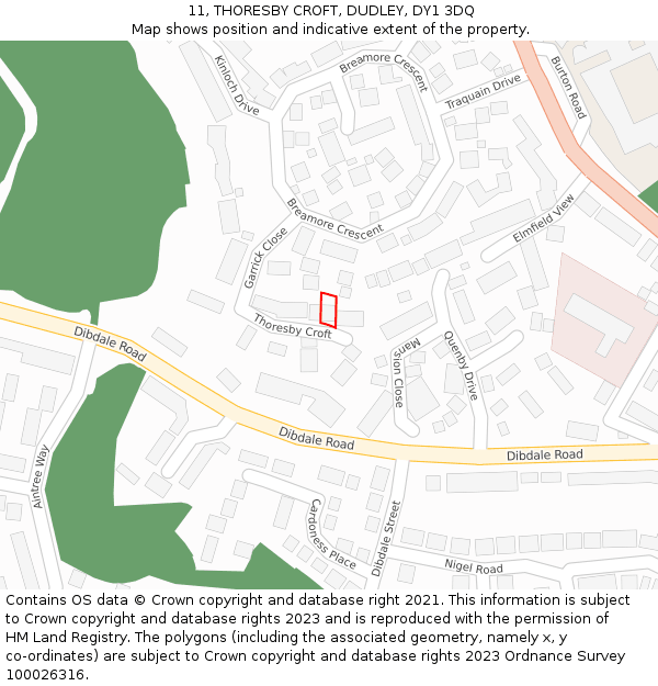 11, THORESBY CROFT, DUDLEY, DY1 3DQ: Location map and indicative extent of plot