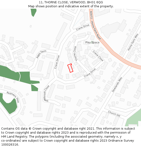 11, THORNE CLOSE, VERWOOD, BH31 6QG: Location map and indicative extent of plot