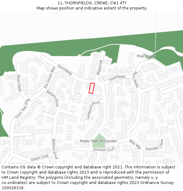 11, THORNFIELDS, CREWE, CW1 4TY: Location map and indicative extent of plot