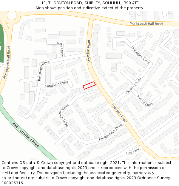 11, THORNTON ROAD, SHIRLEY, SOLIHULL, B90 4TF: Location map and indicative extent of plot