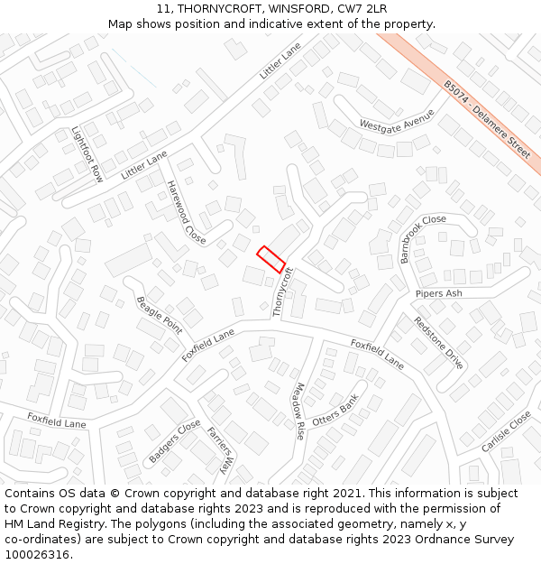 11, THORNYCROFT, WINSFORD, CW7 2LR: Location map and indicative extent of plot