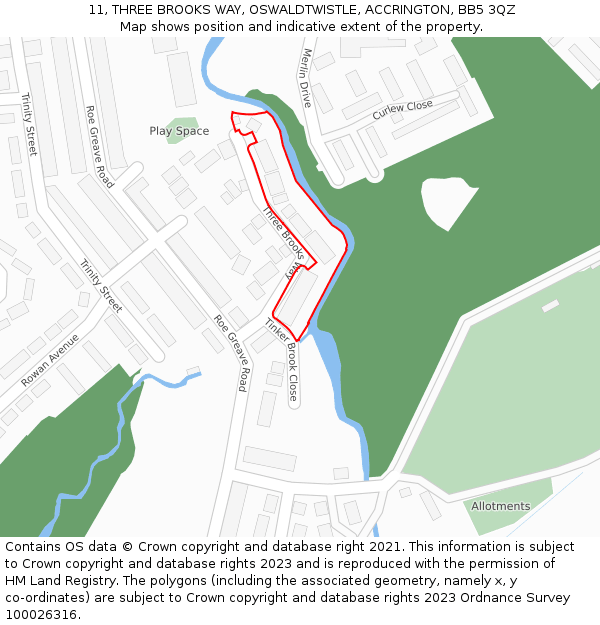 11, THREE BROOKS WAY, OSWALDTWISTLE, ACCRINGTON, BB5 3QZ: Location map and indicative extent of plot